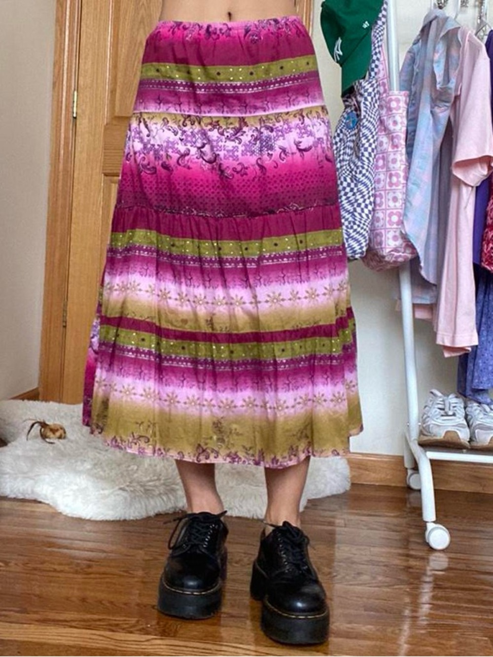 Vintage Boh Tiered Peasant Midi Skirt in Fuchsia and Olive